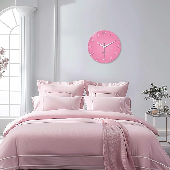 XNM Pink Clock for Girls Bedroom Small Wall Clock Battery Operated 14 Inch Glass Analog Wall Clock Non Ticking