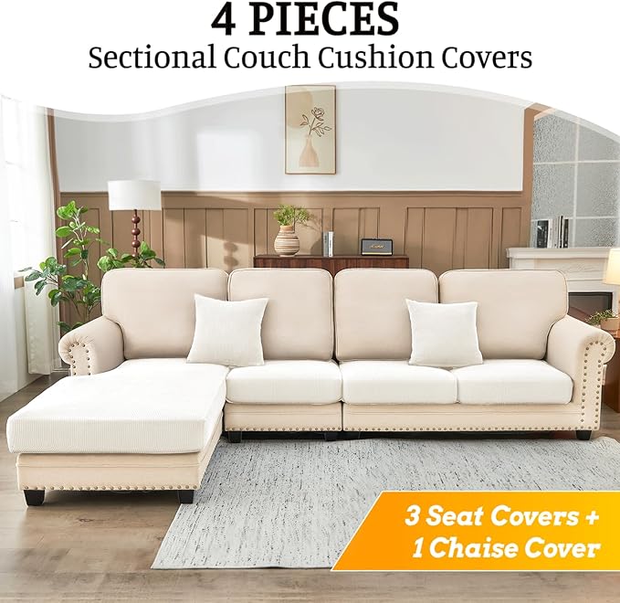 Sectional Couch Covers for Sofa Cushion L Shaped Couch Cover Washable Soft Couch Cushion Covers Stretch Sofa Slipcovers with 2 Pcs Pillowcases(4-Piece 3 Seater + 1 Chaise, White)