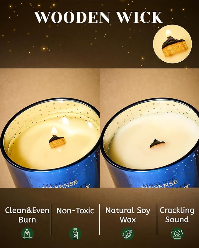 M&SENSE Christmas Candles, Startlight Snowfall Scented Winter Candle Natural Soy Wax 18oz 100 Hours Clean Non Toxic Burn, Cracking Wooden Wick Large Gift for Holiday Family Friends