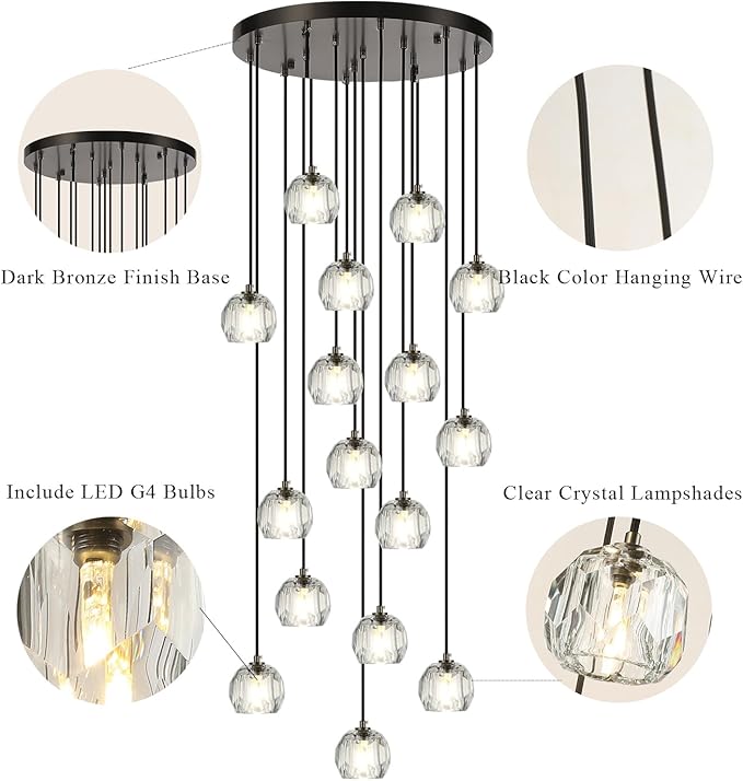 Large Crystal Pendant Light Fixtures, LED Round Ceiling Hanging Lamps, Modern Raindrop Black Chandeliers for Dining Room Staircase Living Room Farmhouse
