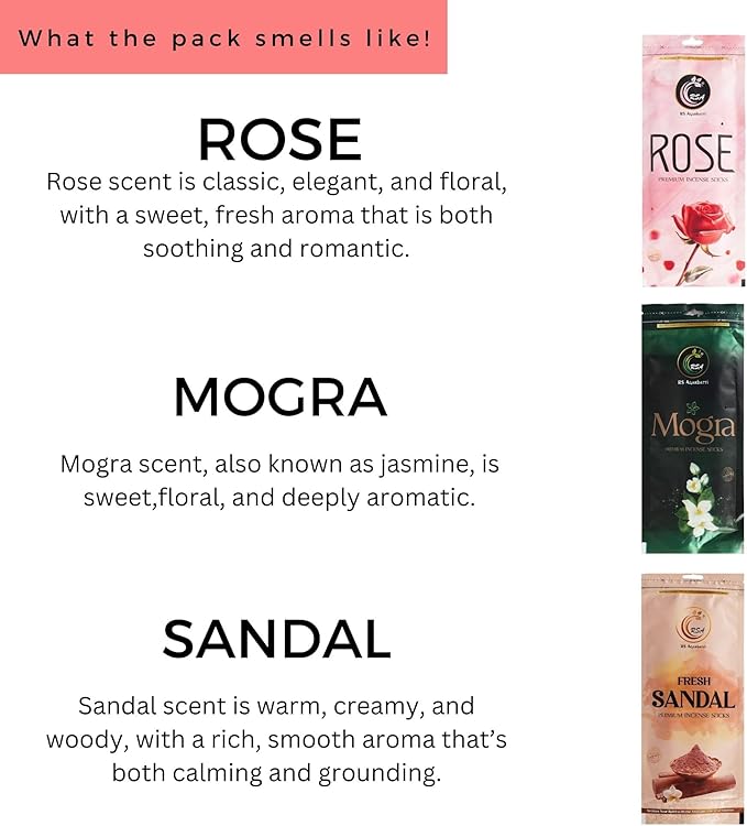 Hashcart Premium Incense Organic Sticks Gift Set of 3 Includes 200+ Sticks Fragrances, 110g Each Pack of Sandalwood, Rose, Mogra with 1 Assorted Incense Stick Holder with 45-50 Min Burn time