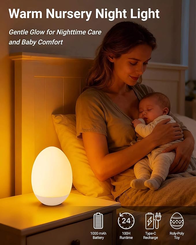 Egg Baby Night Light for Nursery & Breastfeeding – Portable Touch Light with 7 RGB Colors, Stepless Dimming, Rechargeable, BPA-Free Soft Silicone, Compact Lamp for Kids & Newborns