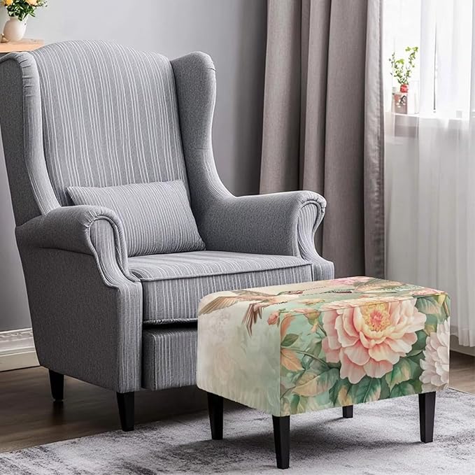 Floral Hummingbird Ottoman Cover Rectangular Stretch Ottoman Slipcover Rectangle Waterproof Storage Footstool Covers Furniture Protector with Elastic Bottom for Living Room