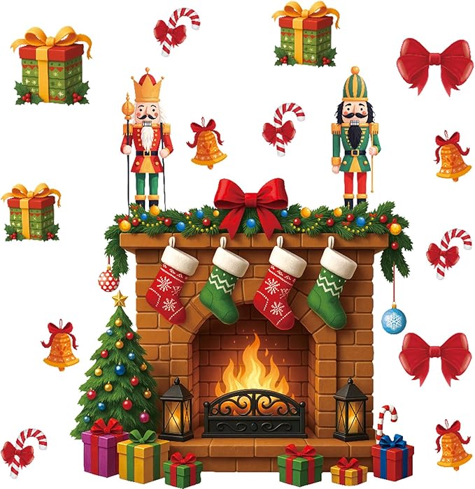 Large 3D Christmas Wall Decals,Christmas Fireplay Wall Sticker Nutcracker,Xmas Fireplace Wall Decoration,Fireplace Backdrop Decor,Winter Xmas Gift Nutcracker Decals for Home Living Room
