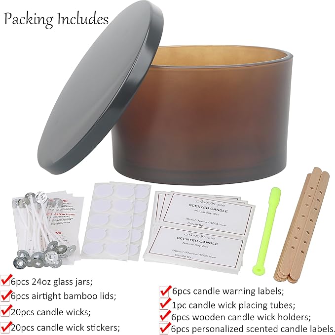 MILIVIXAY 6 Pack 24 oz Candle Jars with Metal Lids and Candle Making Kits - 3 Wick Candle Jar,Bulk Empty Frosted Amber Thick Glass Jars for Making Large Candles - Spice, Powder Containers.
