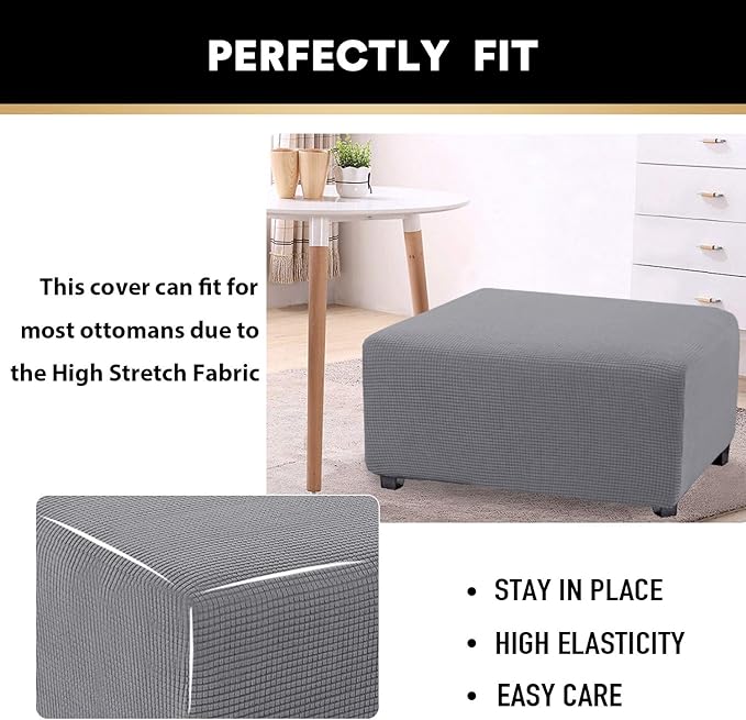 Stretch Ottoman Cover Ottoman Slipcovers Rectangle for Living Room Foot Stool Stretch Covers to Fit Ottoman Foot Rest, Thick Checked Jacquard Fabric with Elastic Bottom (Oversized Ottoman, Dove)