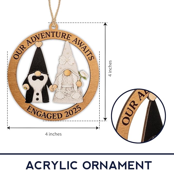 Engagement Ornament, Gnome Ornaments, Gnome Gifts for Women, Wedding Ornaments, Our Adventure Awaits Engaged 2025 Wooden Keepsake, Handmade Couple Christmas Decoration, Engagement Gifts Ready to Gift
