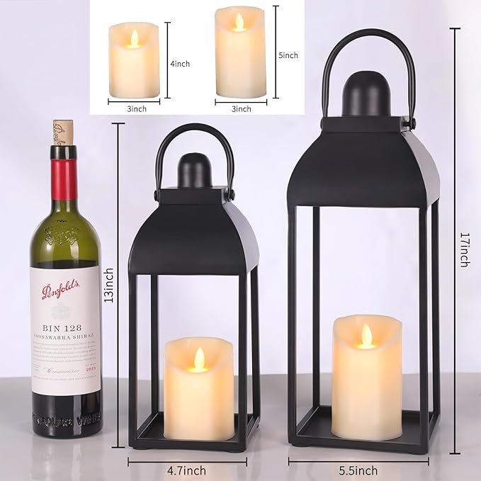 Lanterns Decorative Outdoor Indoor, Black Metal Outdoor Lanterns, 17'' 13'' Set of 2 Modern Farmhouse Candle Lantern Decor Rustic Lanterns Centerpieces for Patio, Front Porch, Mantel, Wedding