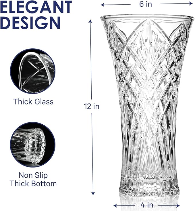 CS Crystal Vase 12-inch high, Rhombus Design, for Flowers & Decor. Lovely Nice Shiny Piece. Perfect as a Gift, Suitable for All Occasions.