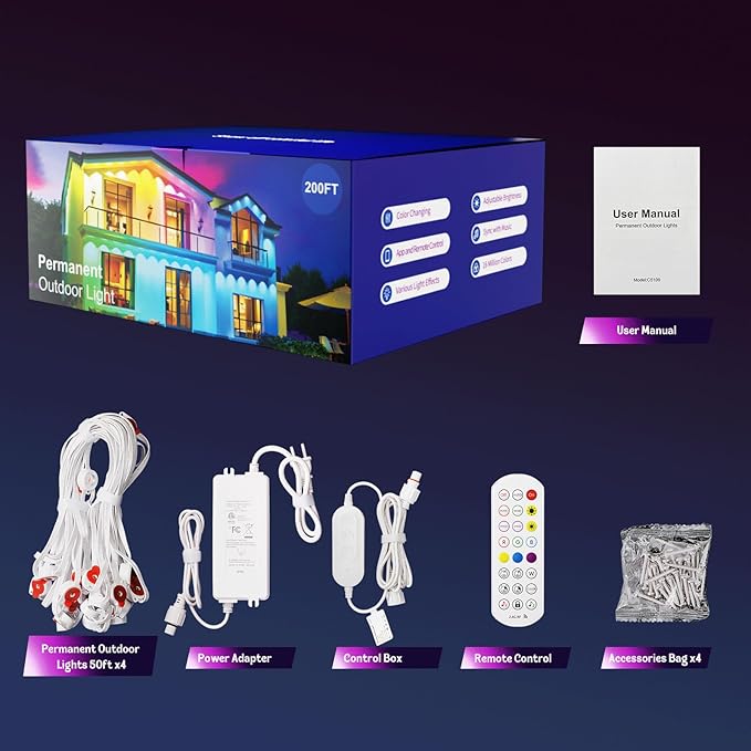 HUTAKUZE Permanent Outdoor Lights, 200FT with 120 RGB LEDs for Outdoor Decor, IP67 Waterproof, 48 Scene Modes Christmas House Lights,APP & Remote Control, Music Sync