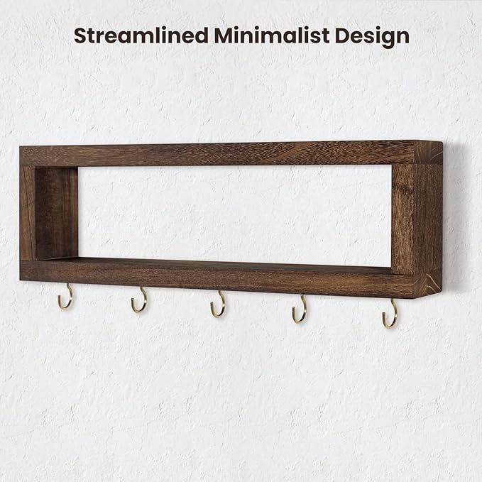 Wall Shelf with Hooks - Decorative Key and Wallet Holder for Wall Holds Sunglasses, Leashes, Scarves and Lanyards - 15.7" x 5.1" x 2.9" Entryway Organizer Made of Paulownia Wood (Brown)