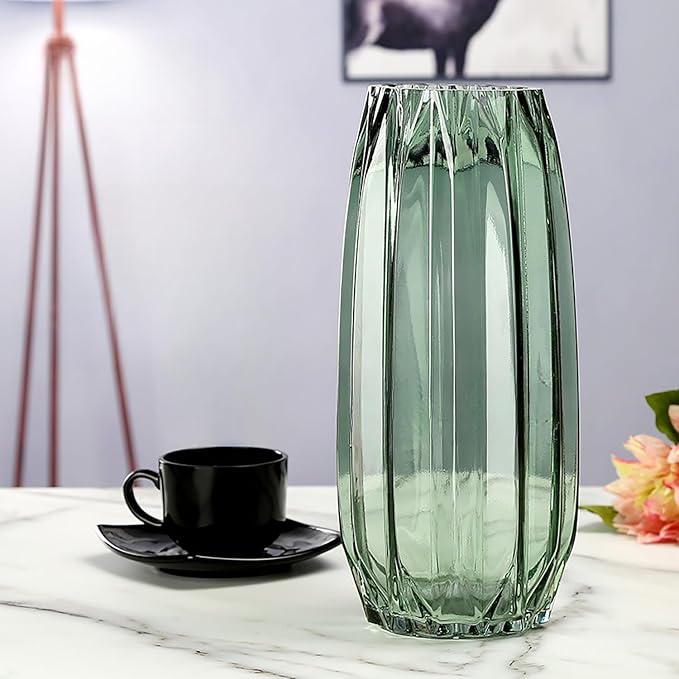 Green Ribbed Glass Vase - Modern Tall/Short Centerpiece for Flowers, Candles & Decor (H12.0inch)