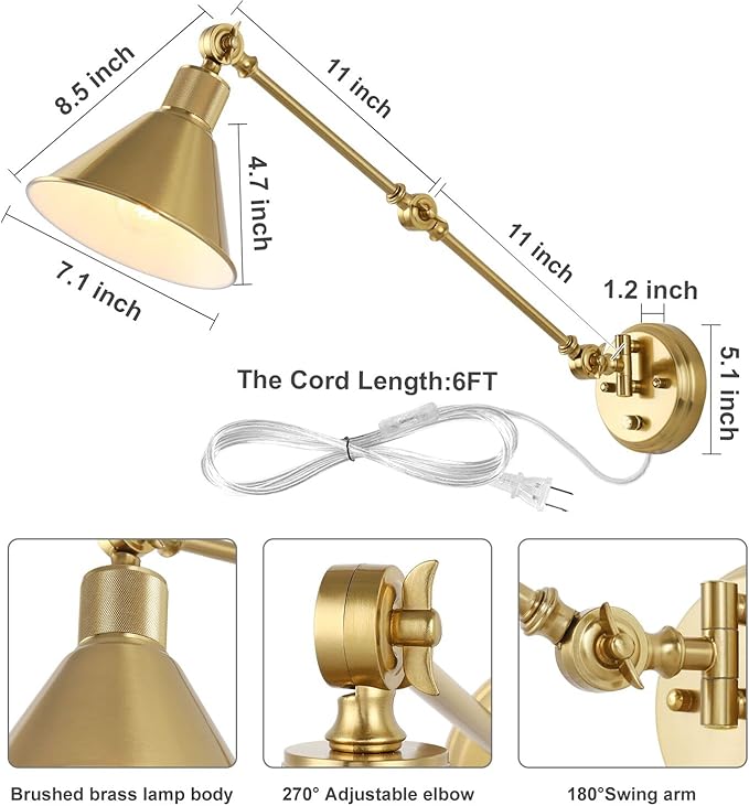 TRLIFE Wall Sconce Plug in, Brushed Brass Dimmable Wall Sconce Swing Arm Wall Lights Plug in Wall Mounted Light with 6FT Plug in Cord, E26 Base, UL Listed(1 Pack)