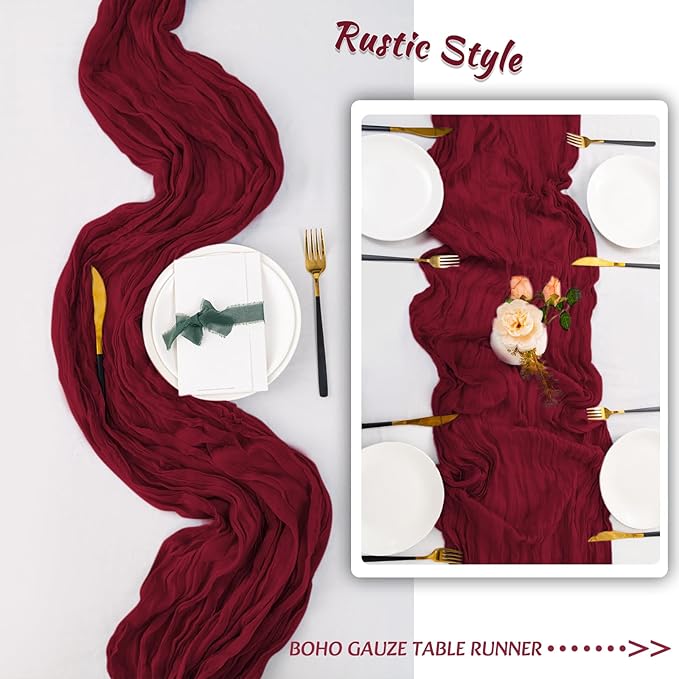10 Pack Burgundy Cheesecloth Table Runner,10FT/120 Inch Boho Gauze Fabric Table Runner,Rustic Sheer Burgundy Cheese Cloth Runner Bulk for Wedding,Bridal Baby Shower,Birthday Party,Holiday Table Decor