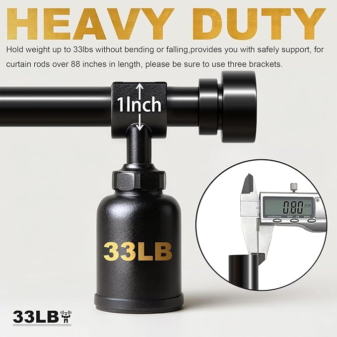 2 Pack Modern Black Curtain Rods Set for Windows 66 to 120 Inches Adjustable Length Heavy Duty 1" Diameter Window Curtain Rod with Decorative Finials for Outdoor Bedroom Kitchen Living Room
