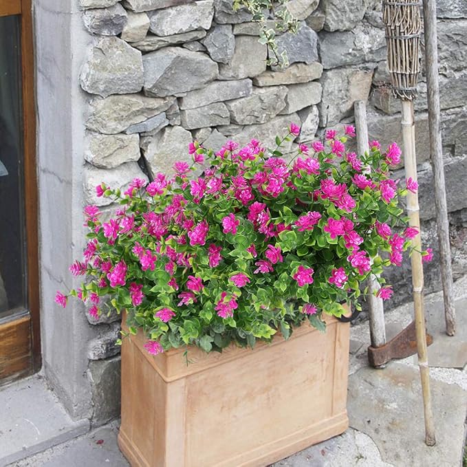8 Bundles Artificial Flowers, Fake Artificial Greenery UV Resistant No Fade Faux Plastic Plants for Wedding Bridle Bouquet Indoor Outdoor Home Garden Kitchen Office Table Vase (Fuchsia)