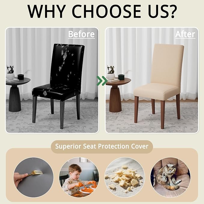 Chair Covers for Dining Room Set of 6, Washable Parson Chairs Slipcover Kitchen Seat Protector for Home, Party, Hotel, Banquet (Beige)