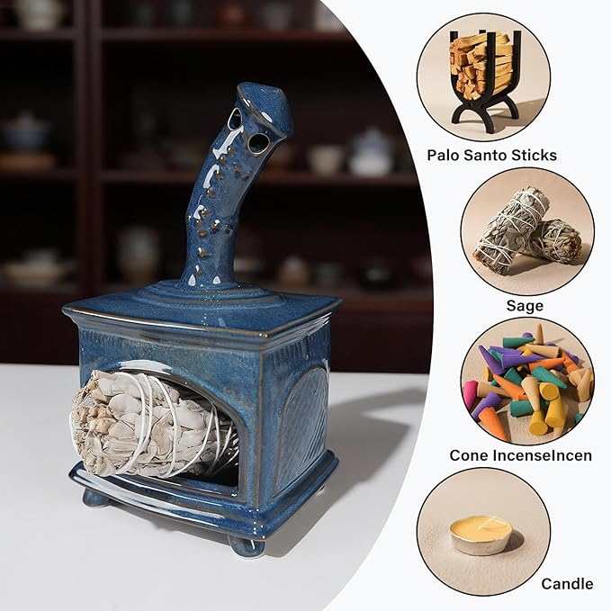Ceramic Palo Santo Holder & Mini Chiminea Smudge Bowl | Multi-Functional Burner for Sage Sticks, Incense Cones, Copal,and Candles |Perfect for Energy Cleansing,Yoga Meditation| Anxiety Relief