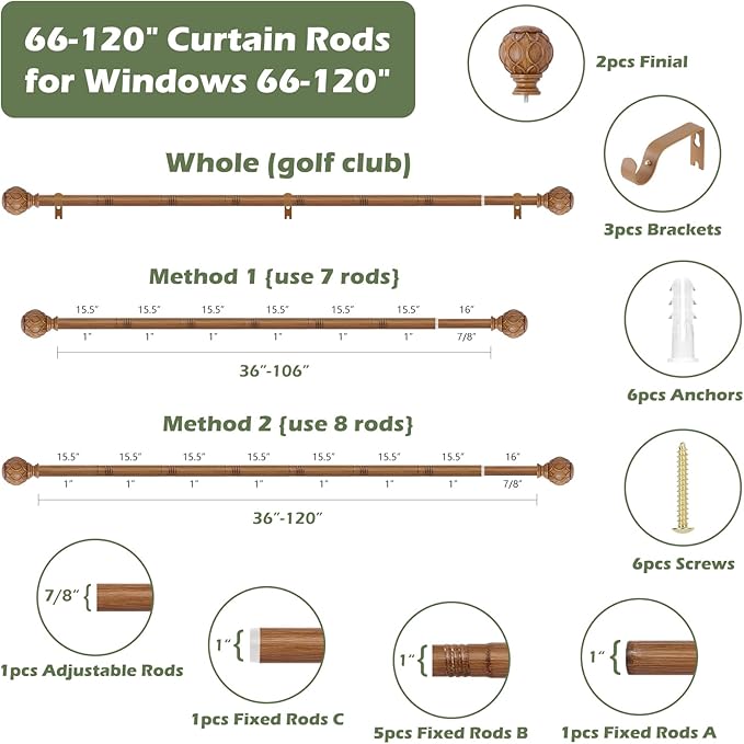 Wood Curtain Rods 66 to 120 Inch,1 Inch Adjustable Long Curtain Rod,Netted Wooden Window Curtain Rods,Farmhouse Rustic Heavy Duty Brown Wood Grain Decorative Drapery Rods 66-120"