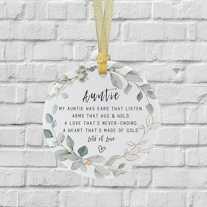 Auntie Christmas Ornament Gift 2025 Auntie Pregnancy Keepsake Round Ceramic Design Hangs on Christmas Trees, Refrigerators, or Windows Includes Gift Box with Greeting Card (Approx. 7.4 cm Diameter)