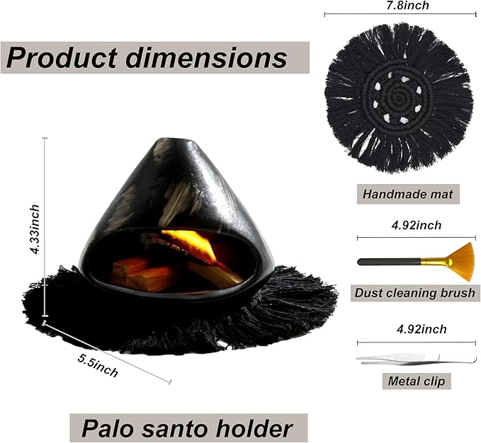 Ceramic Palo Santo Holder Burner,Incense Cone Holder,Mini Chiminea for Palo Santo Sticks and Sage Burner,with Handmade Heat Insulated Mat,Dust Brush,Metal Tweezer. (Black with Stripes)