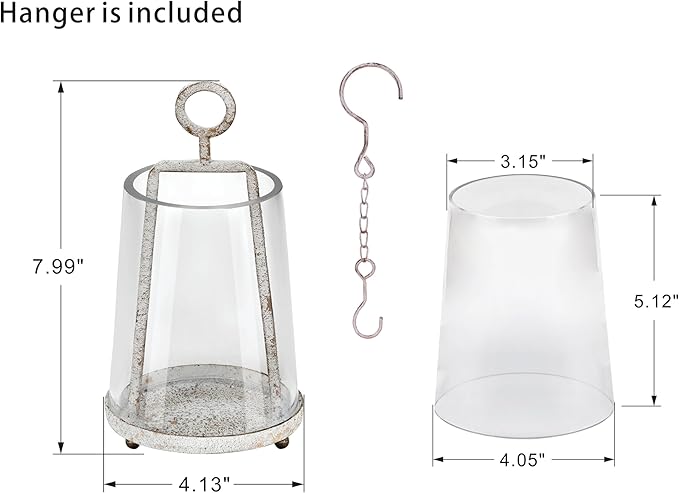 4" Wide Modern Farmhouse Metal Hurricane Candle Holder with Handmade Sturdy Glass Sleeve in Vintage White for 2" Pillar Candle & Plants, Glass Hurricane Lantern, Industrial, Minimalistic