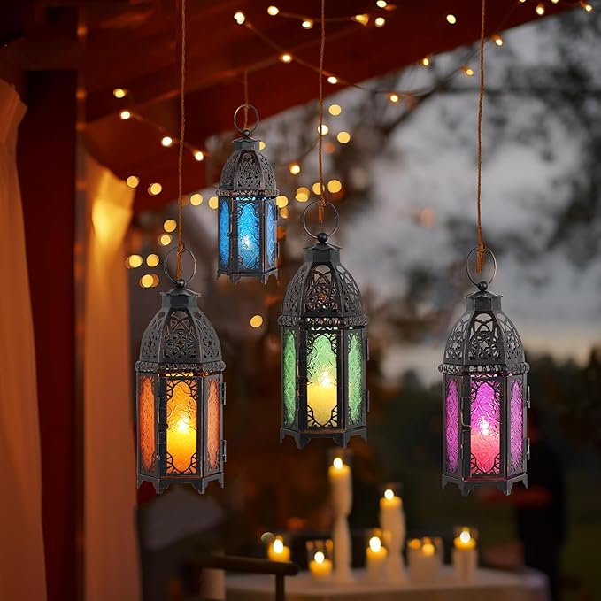 DECORKEY Set of 2 Moroccan Lanterns Decorative Indoor & Outdoor, 11’’ Medium Size Vintage Metal Hanging&Tabletop Candle Holder Decor, Halloween Christmas Ramadan Decorations for Home (Amber)