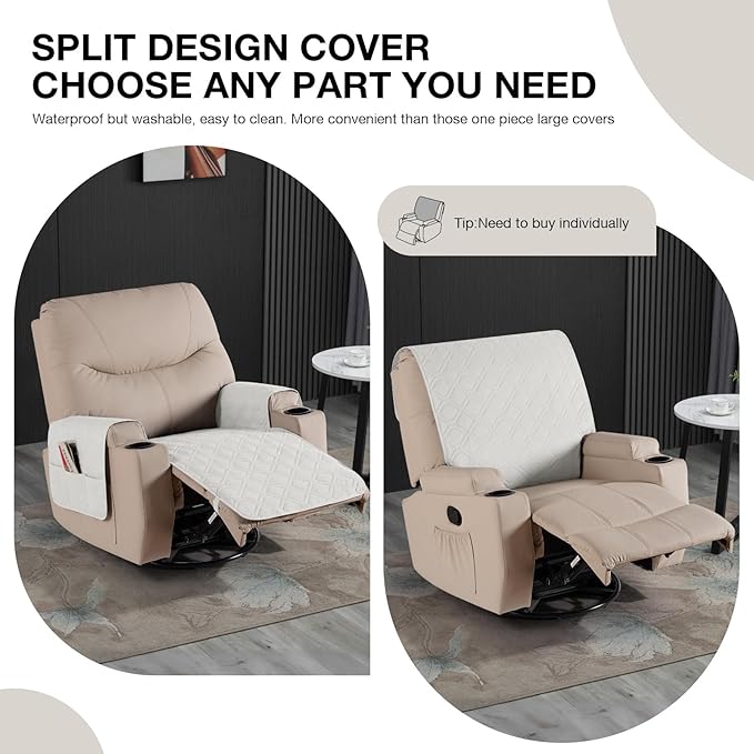 VANSOFY Recliner Chair Covers 100% Waterproof Seat Cover with Arm Reclining Cover Non-Slip Recliner Chair Covers Furniture Protector Washable Slipcover with Pocket for Pets, Dogs(Off White, 22")
