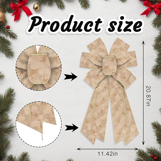 Luxury Beige Velvet with Gold Trim Christmas Wreath Bow - Extra Large Christmas Decor for Front Doors, Holiday Trees & Festive Indoor Outdoor Decorations, 11.42x20.87 Inch