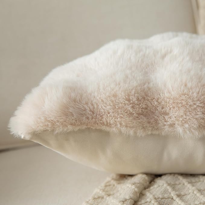 Yaertun Pack of 2 Beige Thick Soft Wool Decorative Throw Pillow Covers 12x20 Inch Faux Fur Plush Fluffy Cushion Covers for Sofa Couch Bedroom