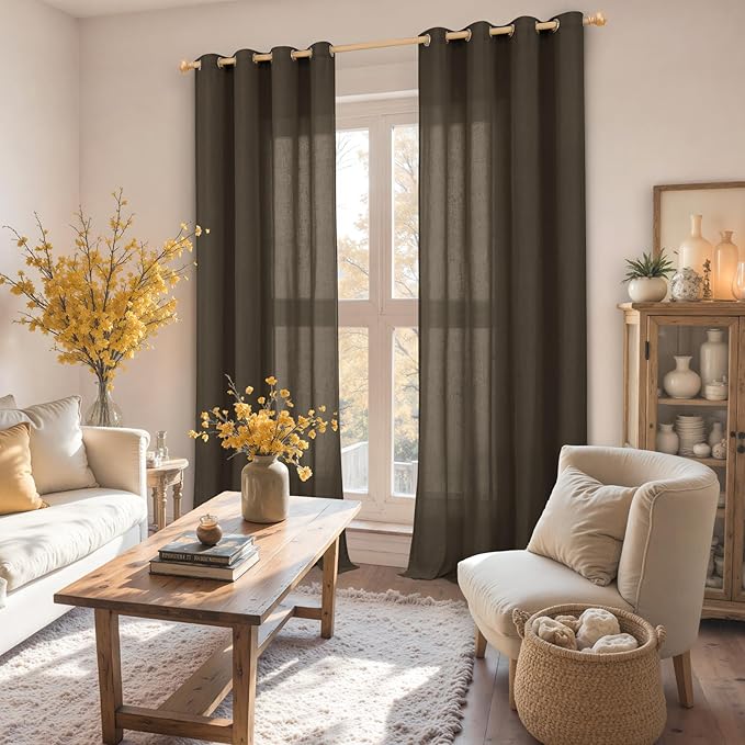 YoungsTex Extra Long Brown Linen Curtains 95 Inch Length for Living Room, Light Filtering Drapes Semi Sheer with Grommet Rustic for Dining Bedroom, 2 Panels, 52 X 95 Inch