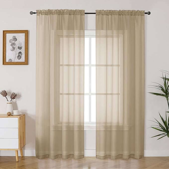 Gwine Taupe Sheer Curtains 84 Inches Long 2 Panels Set for Living Room, Rod Pocket Voile Lightweight Bedroom Curtains, Light Filtering Solid Window Sheer Panels, Each 42" Wx84 L