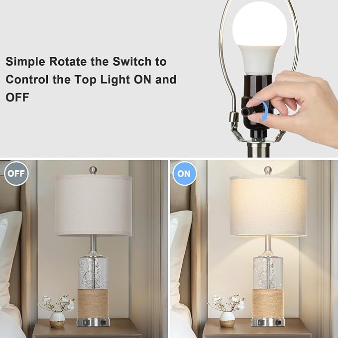 25" Boho Table Lamps Set of 2, Coastal Glass Bedside Lamps with USB A+C Ports and AC Outlet, Rattan Lamp with Night Light for Nightstand Living Room Bedroom, 2 LED Bulbs Included, Silver