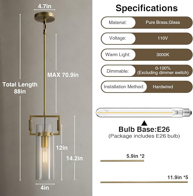 Modern Gold Kitchen Island Pendant Lights Set of 2, 12 Inch 1-Light Adjustable Pendant Light with Glass Shade & Brass Finish, Hanging Light Fixture for Kitchen, Dining Room, Bathroom, Living Room