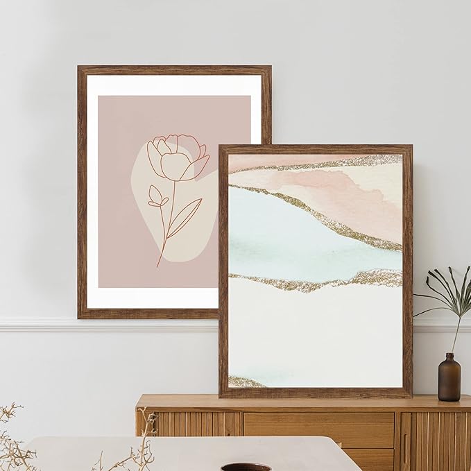 20x30 Frame Set of 2, Rustic Brown Wood Style - Display 16x24 Picture with Mat or 20 x 30 Poster without Mat, Wall Mounting Horizontal and Vertical