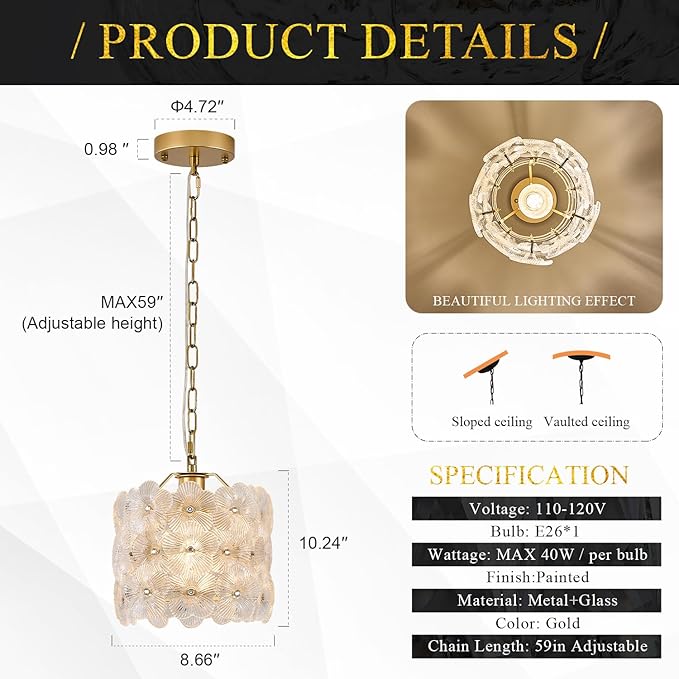 2-Pack Gold Glass Pendant Light Modern 1-Light Flower Small Ceiling Pendant Lighting for Kitchen Island Sink Dining Room Bedroom Entryway Hallway, E26