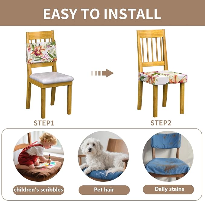 Stretch Dining Chair Seat Covers Set of 6,Dining Chair Slipcovers, Floral Printed Chair Covers,Soft Fabric Washable Upholstered Chair Seat Protector, No Rear Covers for Home Kitchen Dining Room