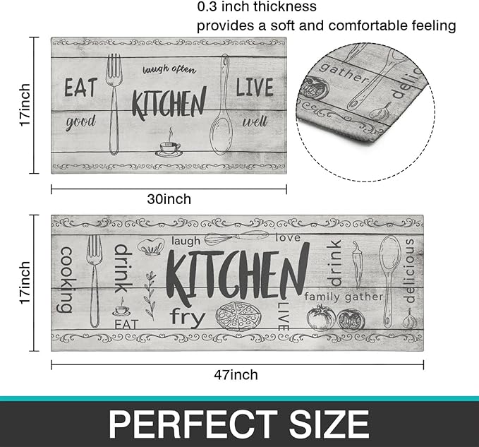 Kitchen Rugs Sets of 2 - Non Slip Washable Microfiber Kitchen Rug, Farmhouse Country Kitchens Rugs and Mats for Decor, Sink, Stove, Laundry, Machine Washable,（17"x 48"+17"x 24"）