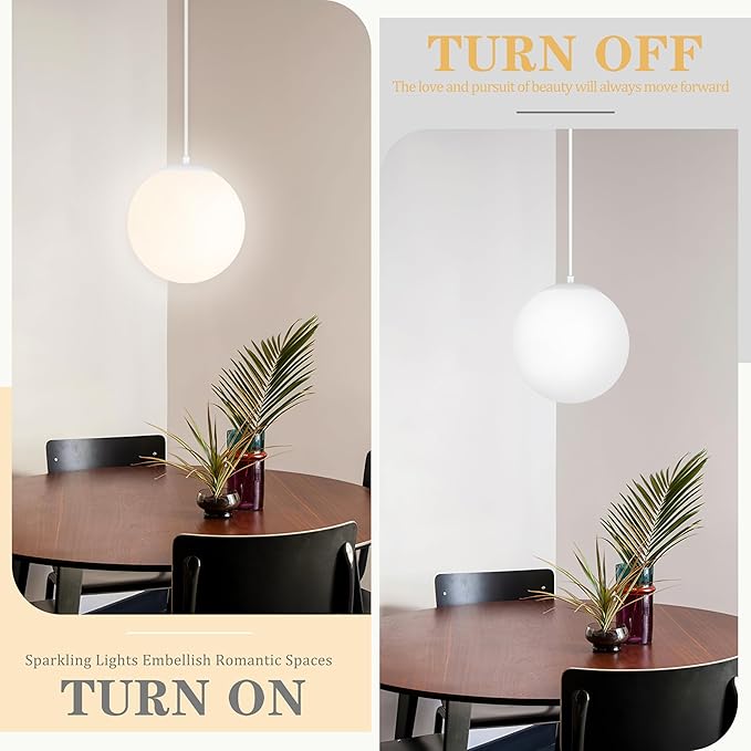 KoKo&Yukina 8" Globe Pendant Light White Plug in Pendant Light Adjustable Hanging Lights with Plug in Cord Matte White Finished with Milk Glass Lampshade for Bedroom Kitchen Island（Bulb Included）