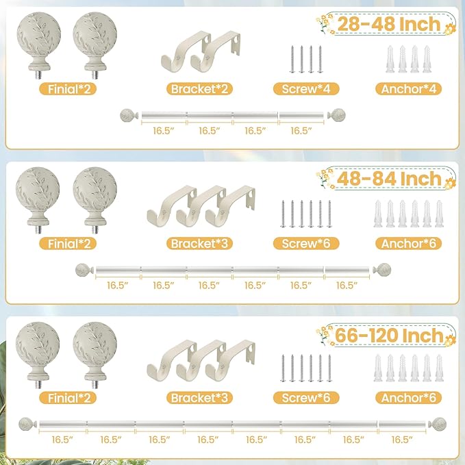 Curtain Rod for Windows 28 to 48 Inches: 1 Inch Heavy-Duty Adjustable Decorative Curtain Rod With Rustic Leaf Finials for Bedroom & Living Room.White
