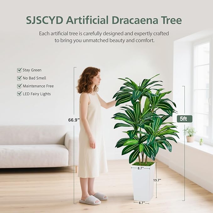 Artificial Dracaena Plant 5FT - Fake Tree with Tall Planter and Fairy Lights, Artificial Trees Faux Yucca Plants Indoor, Fake Plants for Home Office Living Room Decor Christmas
