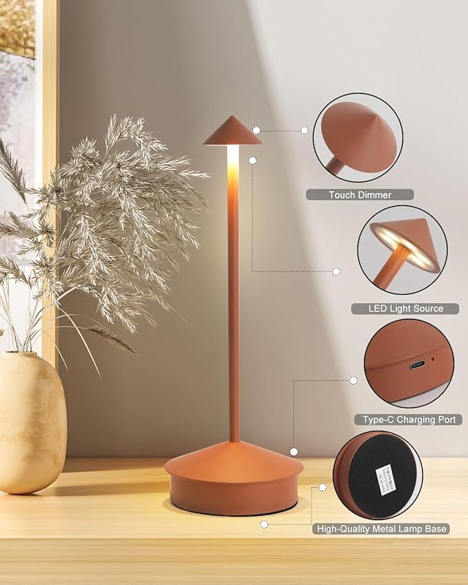 Cordless Table Lamp Desk lamps, 6000mAh Rechargeable Table Lamps, Portable LED Touch Lamp, Outdoor Battery Operated Dimmable Cordless Rechargeable Table Lamps for Restaurant/Patio (1 Pcs Brown)