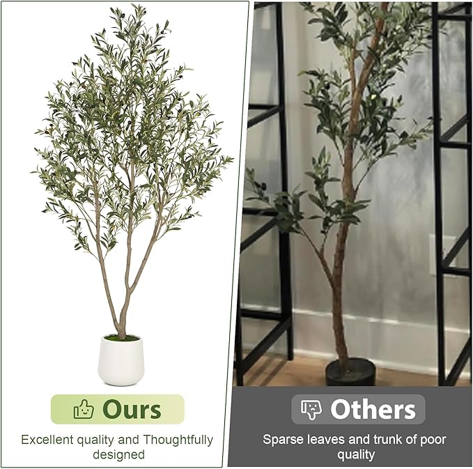 Olive Trees Artificial Indoor, 5FT Tall Faux Olive Tree with White Tall Planter, Artificial Plants with Natural Wood Trunk and Lifelike Fruits for Home Office Decor