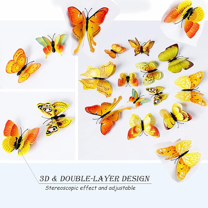 Butterfly Wall Decor 24/48 PCS, 3D Butterflies Stickers for Party Decorations with Magnets (Gold, 48)