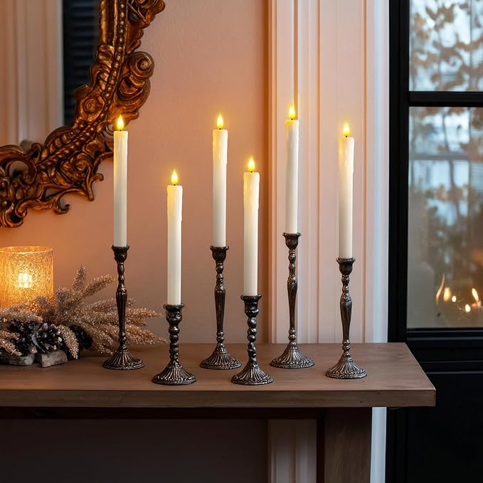Homemory Real Wax LED Flameless Taper Candles with Timer, Dripless Fake Candlesticks with 3D Flickering Flame, 9.6 Inches White Window Candle for Fireplace Christmas Halloween