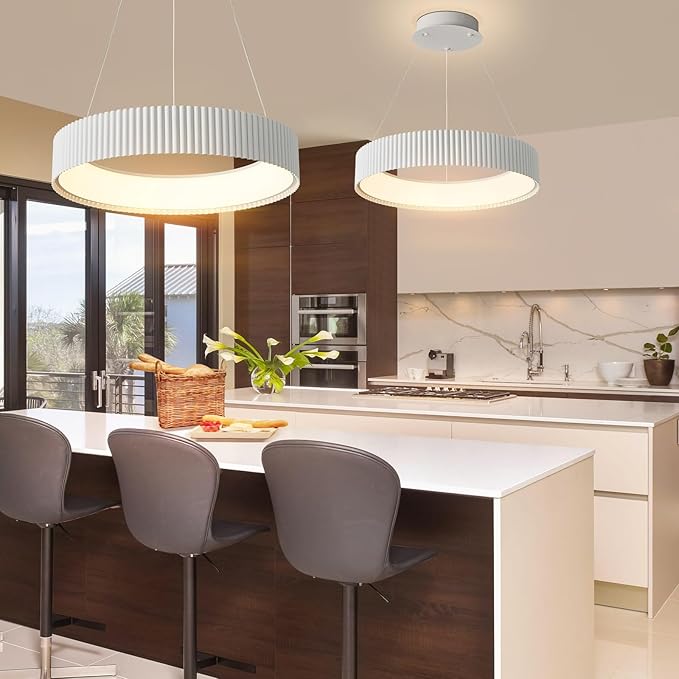 Modern LED Chandelier-18.5" White Dimmable Circular LED Pendant Light 1 Ring with Remote, Round Hanging Light for Kitchen Island, Dining Room, Living Room, Foyer, Entryway
