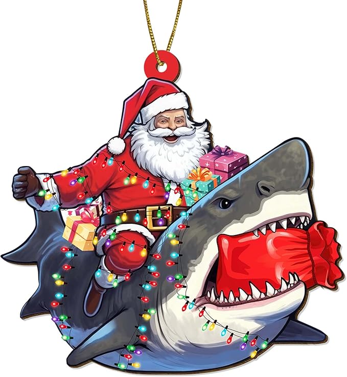 Santa Ornament - Wooden Xmas Tree Hanging Decorations - Santa Riding Shark Christmas Home Decor - Christmas Ornament Gifts - 2 Side Printed Ornaments