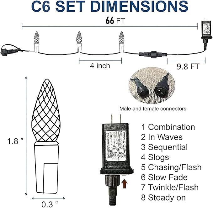 TW SHINE C6 Christmas String Lights, 200 LED 66 FT, 8 Modes, Waterproof, Connectable, Multicolor