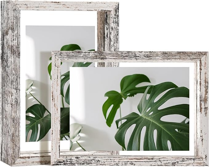 Egofine Distressed White 5x7 Floating Frames Set of 2, Double Plexiglass Picture Frame, Made of Solid Wood Display Any Size Photo up to 5x7, Wall Mount or Tabletop Standing