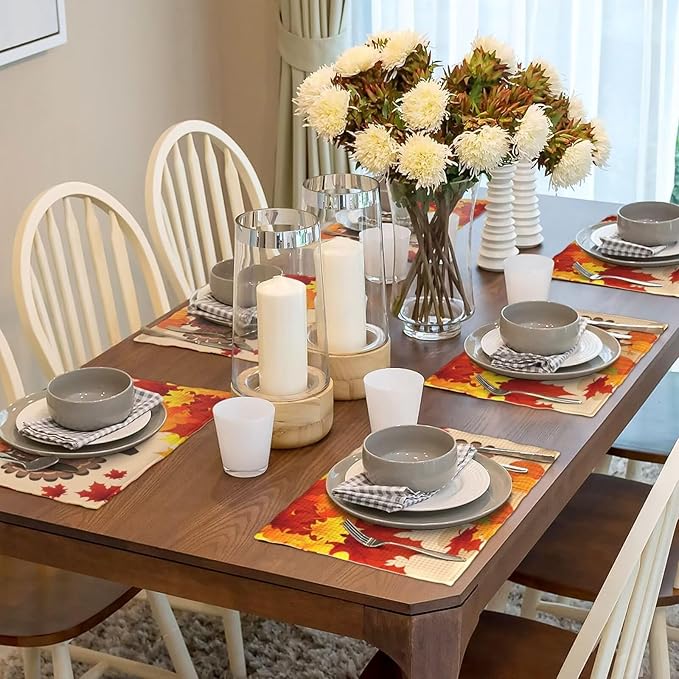 Thanksgiving Day Placemats, Autumn Red Orange Maple Leaves Fall Funny Turkey Pumpkins Table Mats for Harvest Holiday Indoor Outdoor Table Decoration, 4PCS